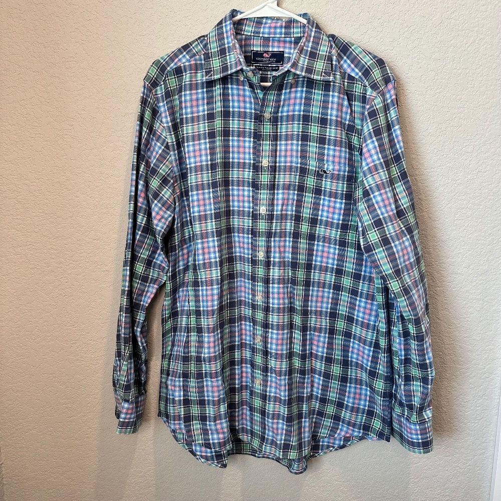 Vineyard Vines Pink Blue Green Plaid Slim Fit Button Front Tucker Shirt - Size M